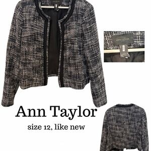 Ann Taylor Black and White Tweed Collarless Jacket